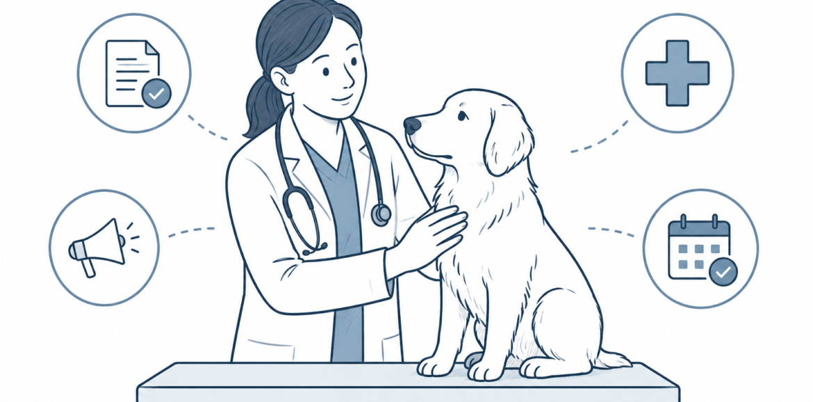 Simple line-art illustration of a veterinarian wearing a stethoscope gently examining a dog on an exam table. Surrounding icons represent important veterinary information, including a document checklist, medical cross, calendar, and communication symbol.